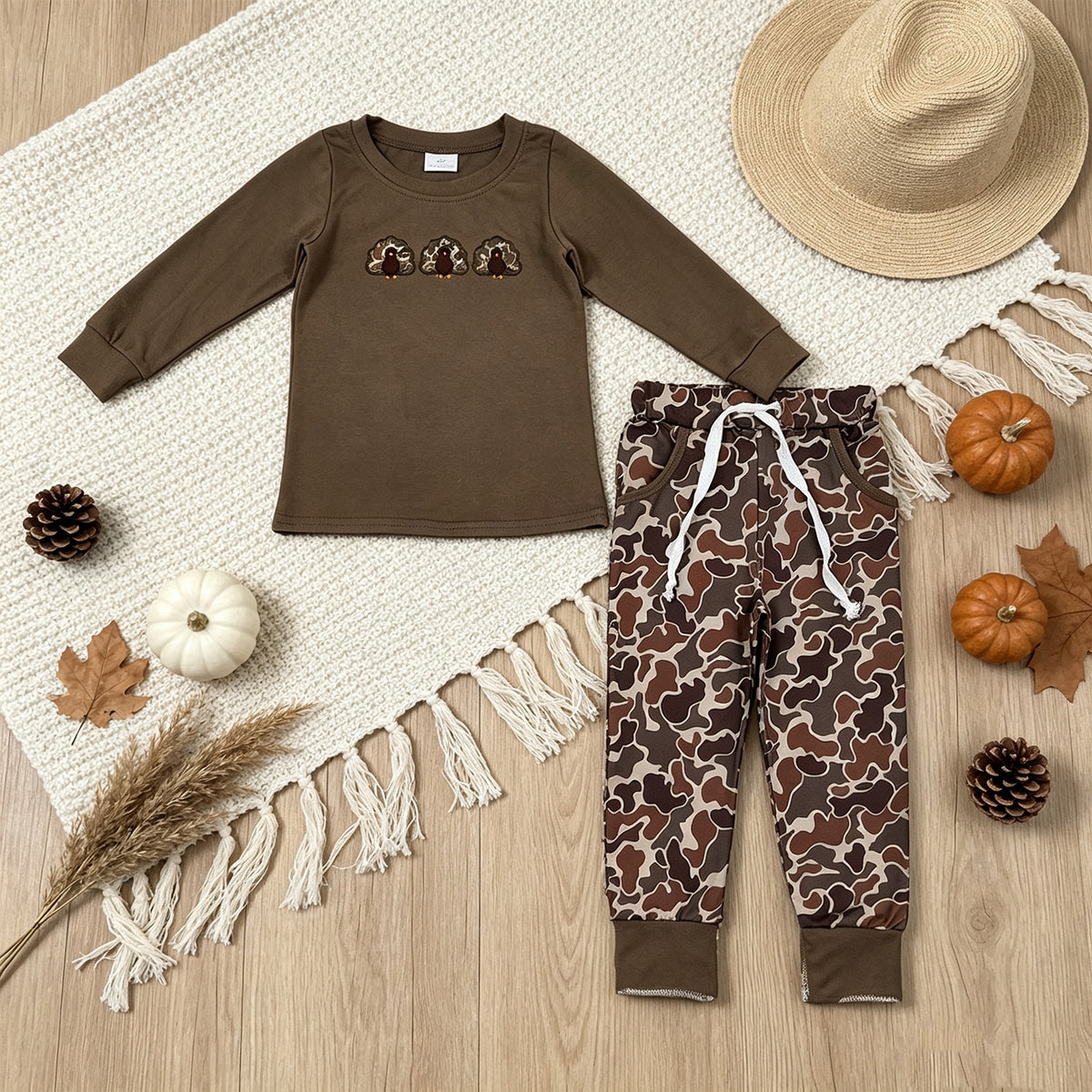 NEW RTS NO MOQ milk silk BLP1473 Embroidery Boys Camo Turkey Top Matching Pocket Jogger Pants Two Piece Thanksgiving Set