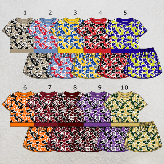 Custom moq 5 mix size summer teams Baby Girls Short Sleeved Camouflage Top And Skirt Set
