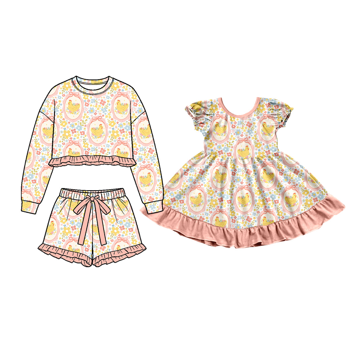 (Preorder new) No moq Girls Easter Chick Floral Print Ruffle Outfit Set Toddler Long Sleeve Top Shorts And Flutter Sleeve Dress