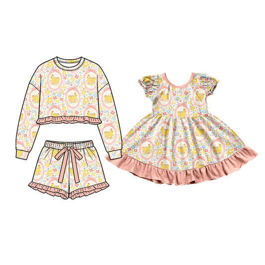 (Preorder new) No moq Girls Easter Chick Floral Print Ruffle Outfit Set Toddler Long Sleeve Top Shorts And Flutter Sleeve Dress