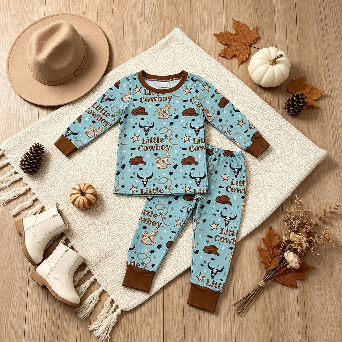 NEW RTS NO MOQ milk silk BLP1485 Baby Boys Cowboys Boots Top Pant Western Pajamas Sets