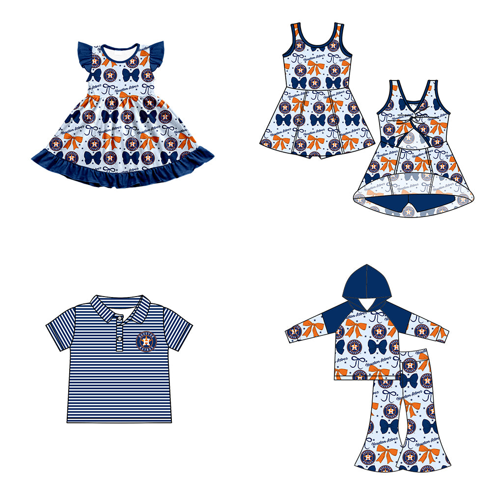 Custom moq 5 mix size milk silk summer teams baby girls clothes team bow blue long sleeve hooded pants sets and dress 1 and dress 2 and top-25.6.17