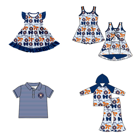 Custom moq 5 mix size milk silk summer teams baby girls clothes team bow blue long sleeve hooded pants sets and dress 1 and dress 2 and top-25.6.17