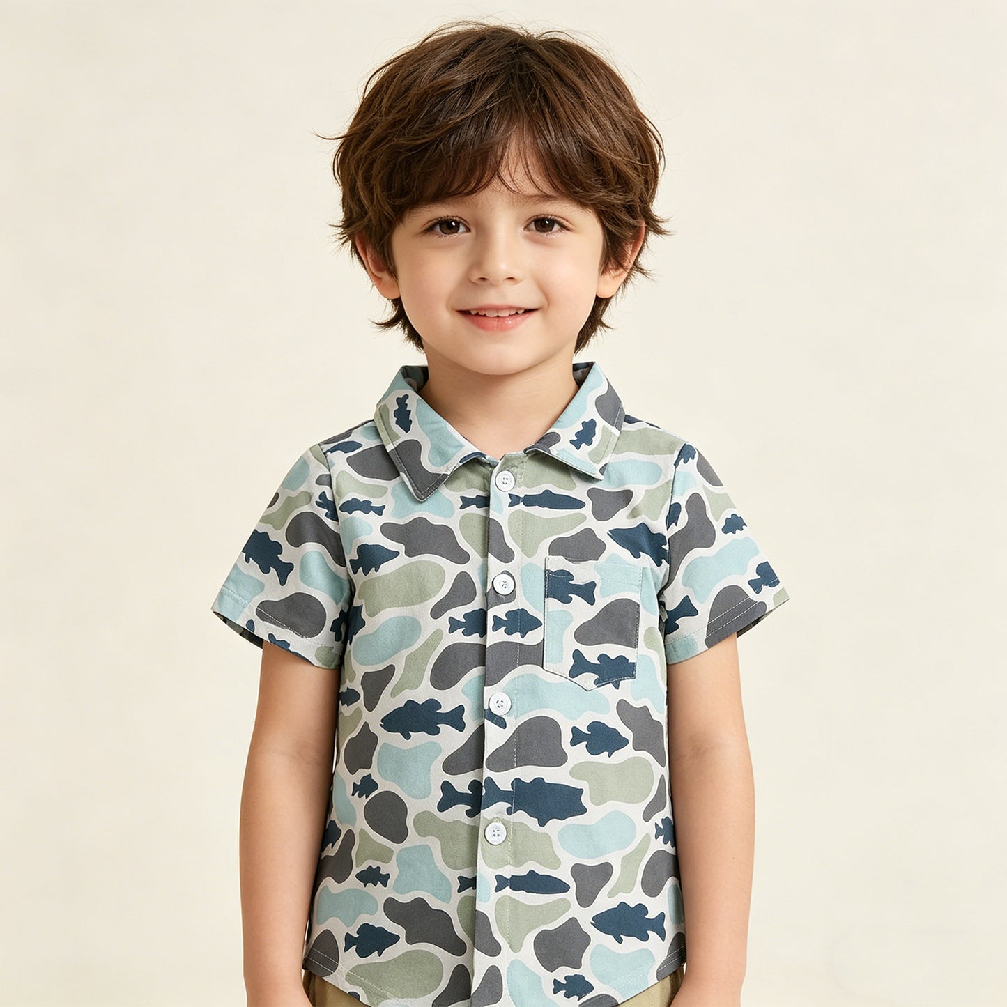 RTS NO MOQ  milk silk BT1787 Baby Boys Cute Camo Hunting Fish Print Button Down Shirts