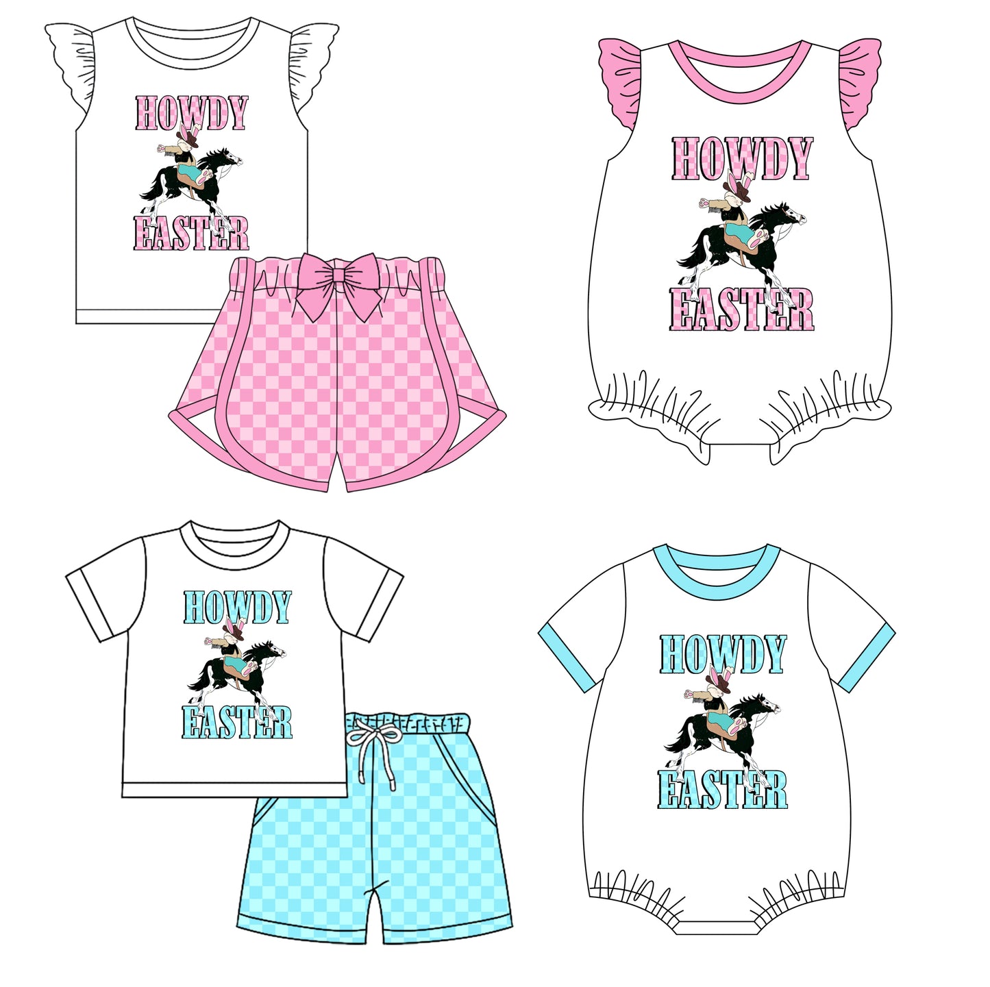 11.29 custom each style moq 5eta 4-6week Sibling Sister HOWDY EASTER baby girl short sleeve shorts sets and sets 2 and girls romper and boy romper match design