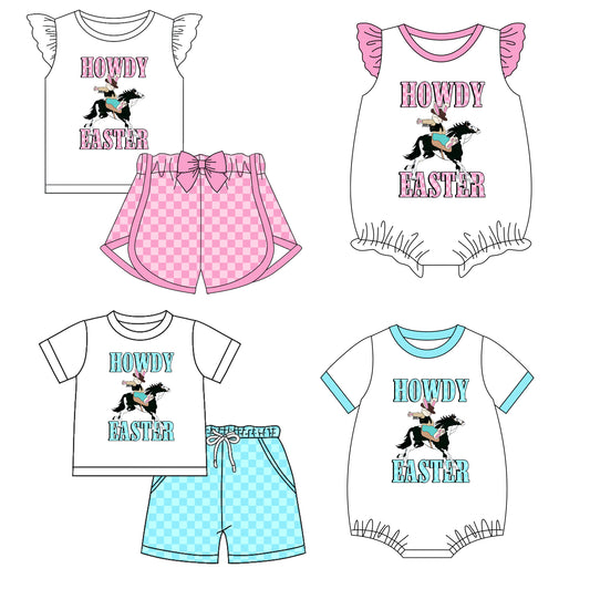 11.29 custom each style moq 5eta 4-6week Sibling Sister HOWDY EASTER baby girl short sleeve shorts sets and sets 2 and girls romper and boy romper match design