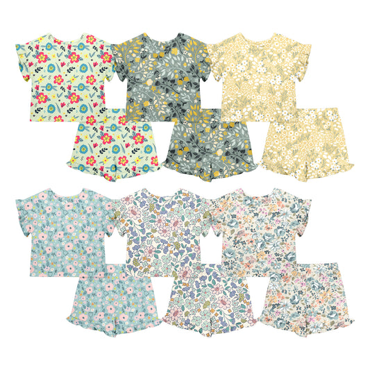 Custom moq 5 mix size Sibling Baby Girl Floral print Short-Sleeved Top And Shorts Set Cute  Clothing for Little Ones