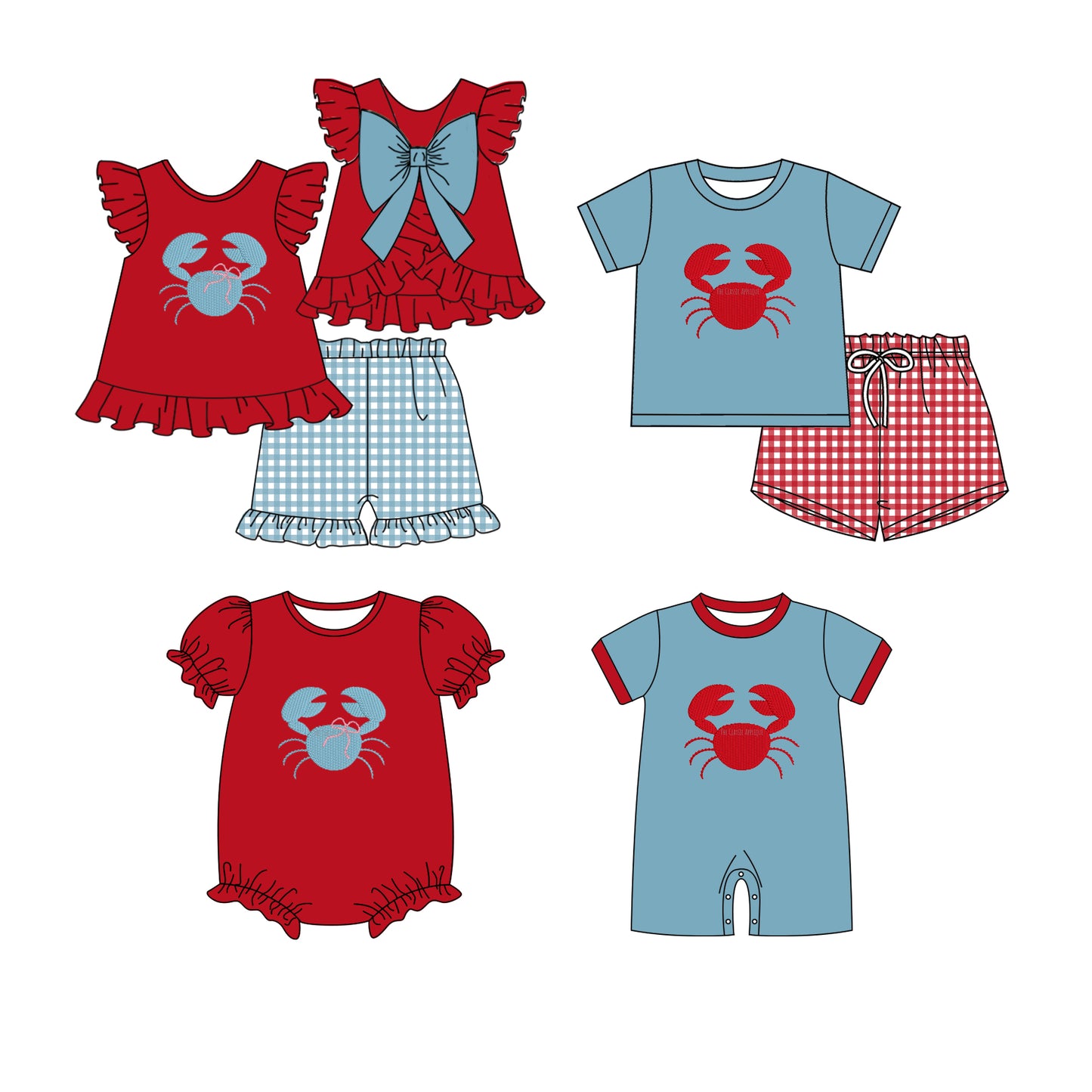 12.21 custom each style moq 5eta 4-6week Sibling Sister crab baby girl short sleeve shorts sets and sets 2 and girls romper and boy romper match design