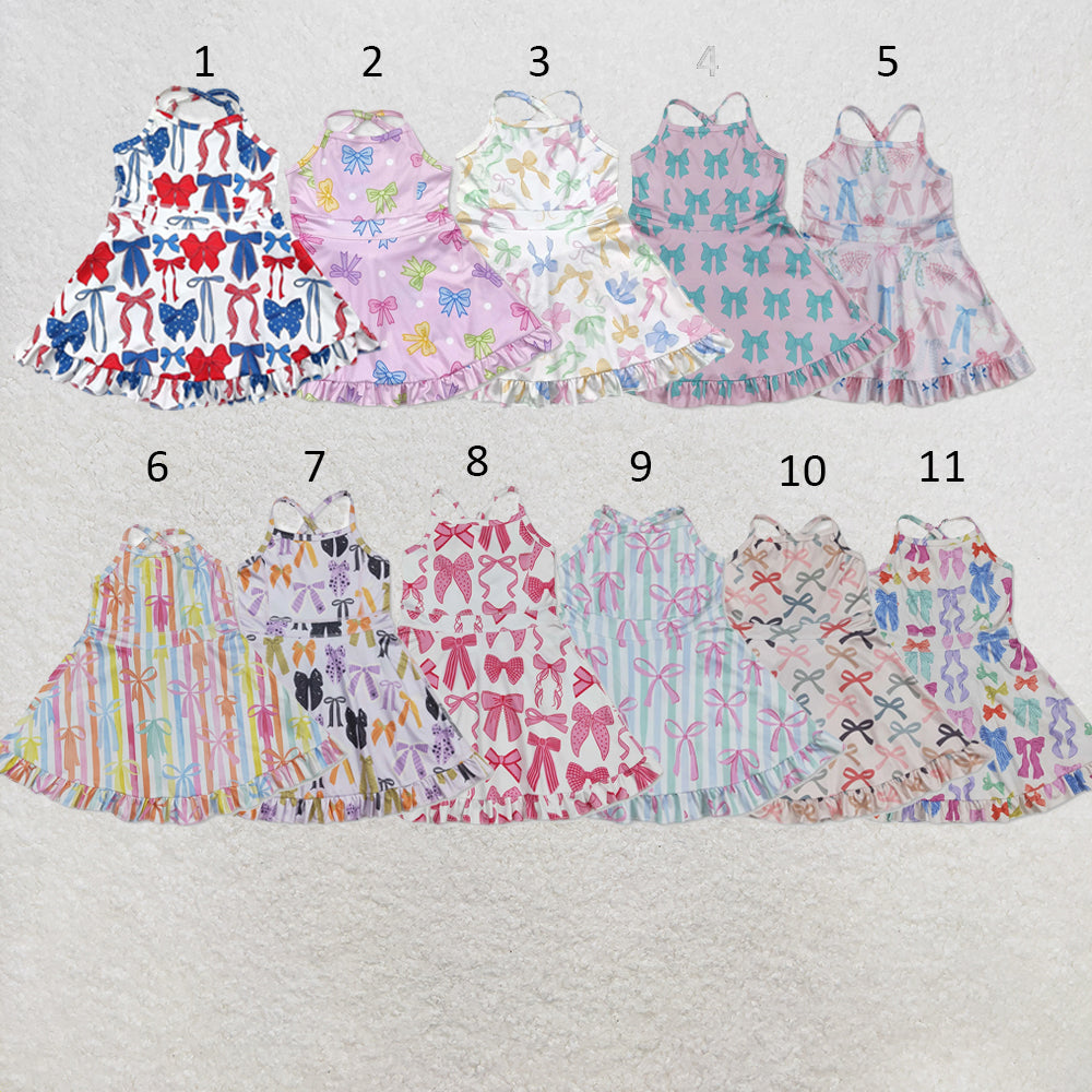 RTS NO MOQ Sibling yoga fabric Baby Girls Colorful Bow Sleeveless Strap Ruffle Yoga Dresses