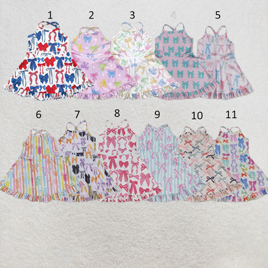 RTS NO MOQ Sibling yoga fabric Baby Girls Colorful Bow Sleeveless Strap Ruffle Yoga Dresses