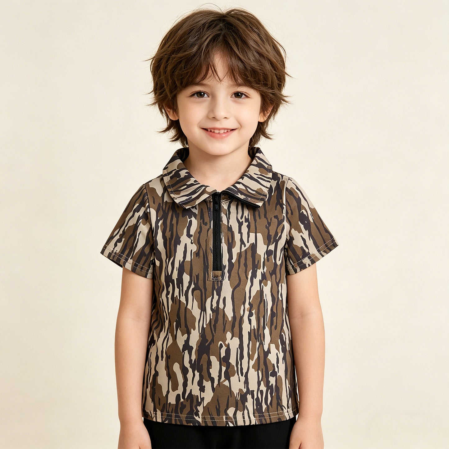 RTS NO MOQ milk silk BT1726 Baby Boys Fashion  Camo Short Sleeve Zipper Top