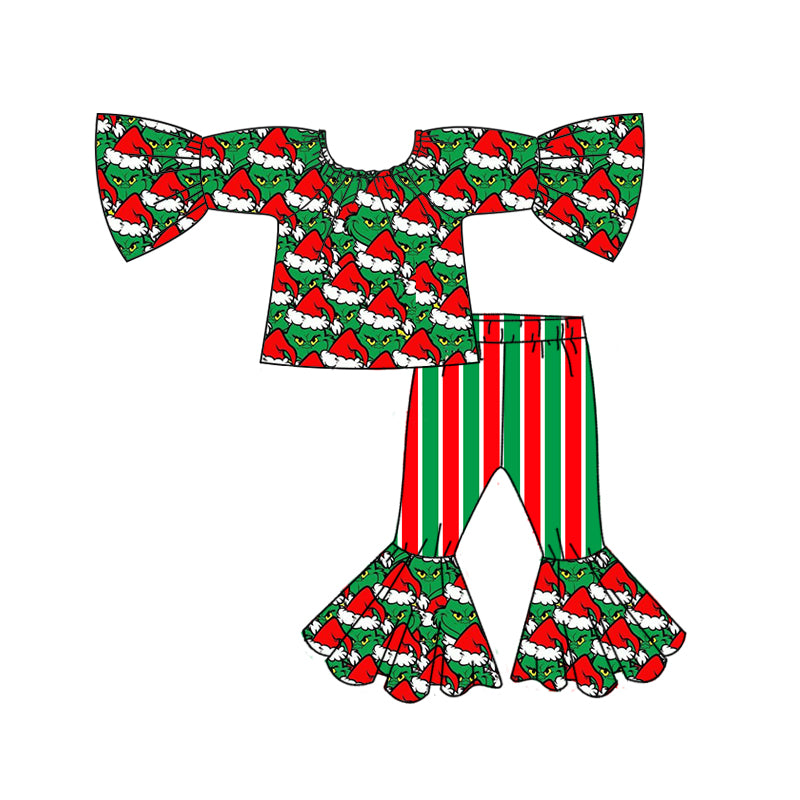 7.1 custom each style moq 5eta 4-6week girls Christmas long sleeve red and green striped pants baby girls sets