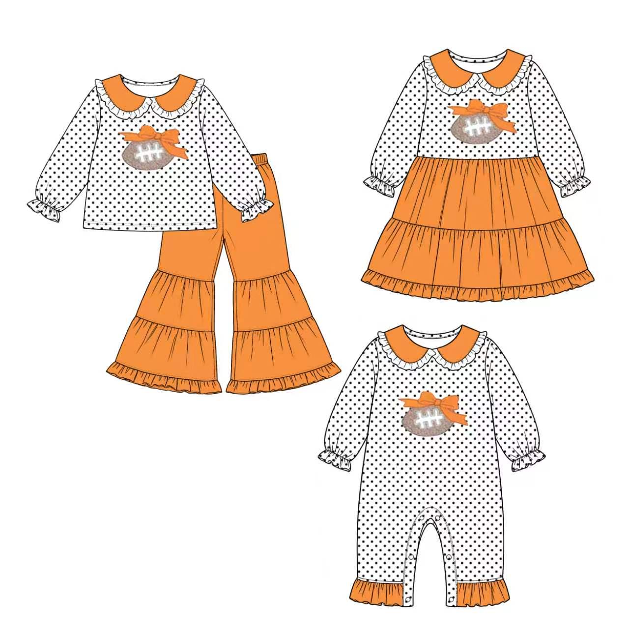 (Preorder new) No moq Baby Girls Long Sleeve Top Orange Bell Bottom Pant Clothes Set Rompers Dress