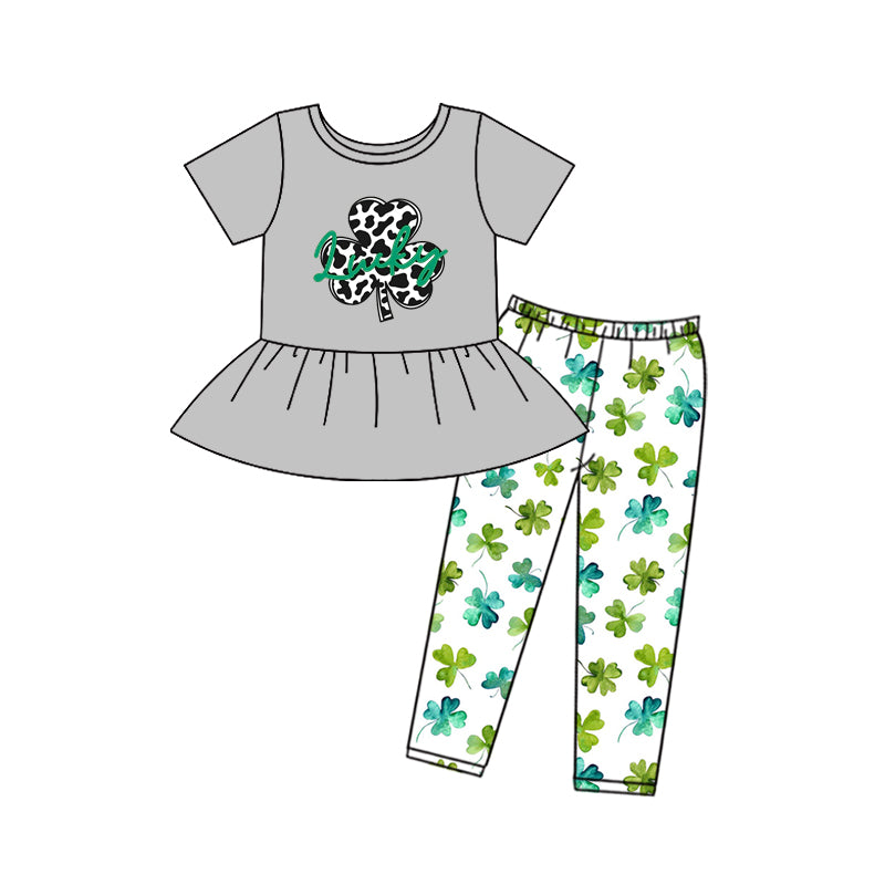 10.30 custom each style moq 5eta 4-6week baby girls clothes lucky gray short sleeve pants sets