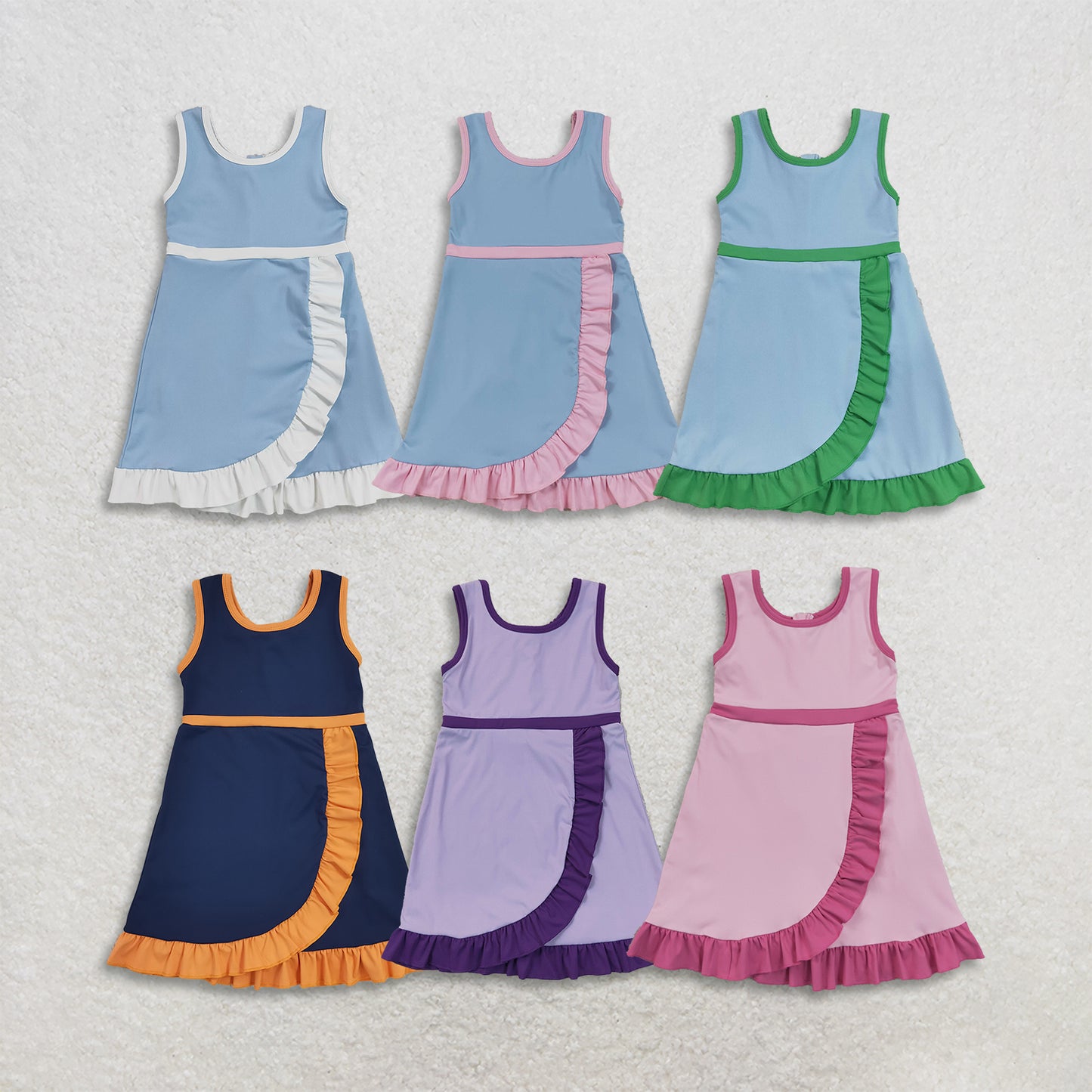 RTS NO MOQ Sibling yoga fabric cotton Baby Girls Cute Sleeveless Scallop Edge Knee Length Active Dress