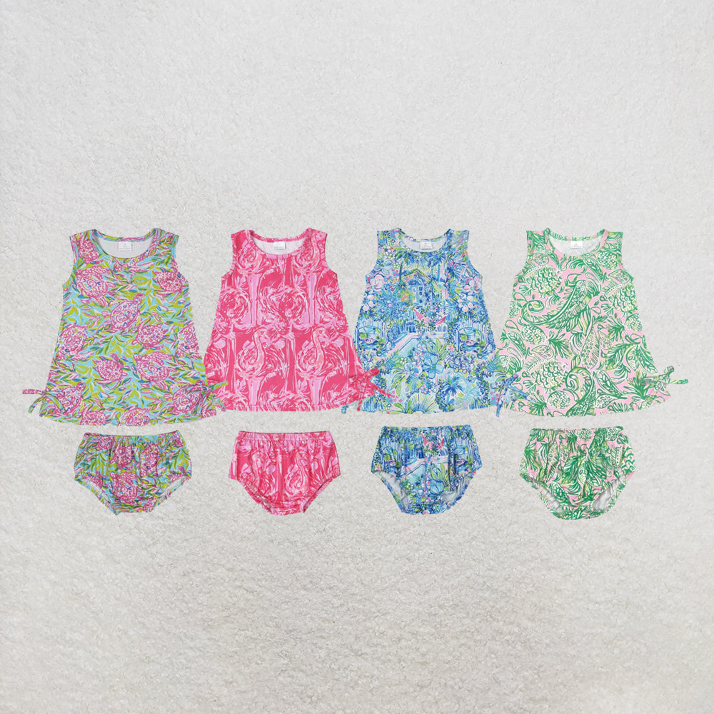 RTS NO MOQ Sibling Baby Girls Flowers Tunic Top Bummies Outfits Sets