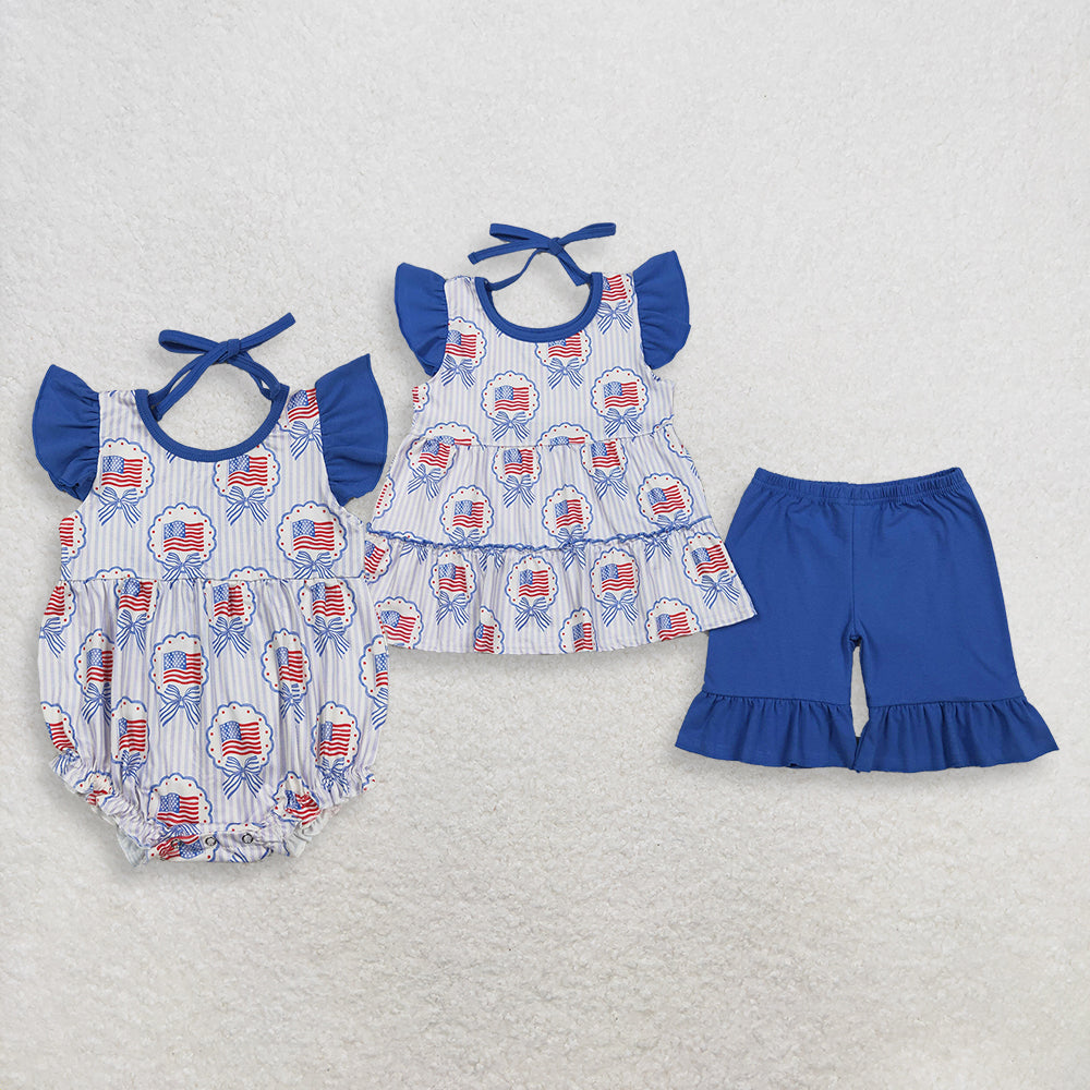 RTS NO MOQ Sibling Baby Girls 4th of July Clothes Set Flags Bows Tunic Ruffle Short Rompers Outfit for Toddlers