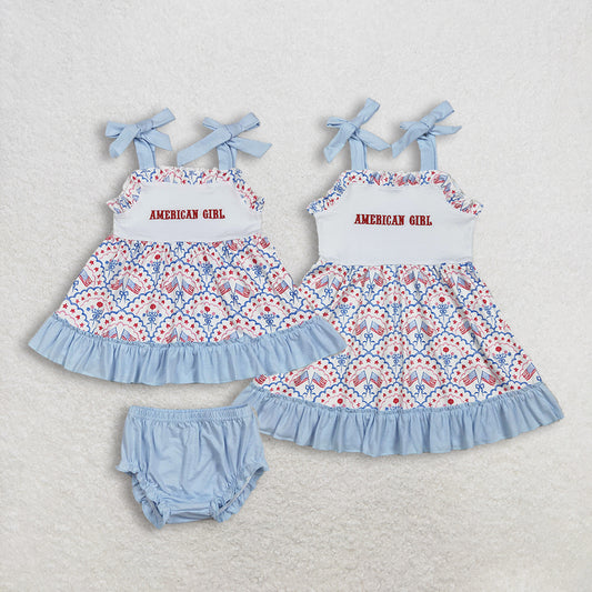 RTS NO MOQ sibling baby girls clothes embroidery 4th of july short sleeve dress and rompers