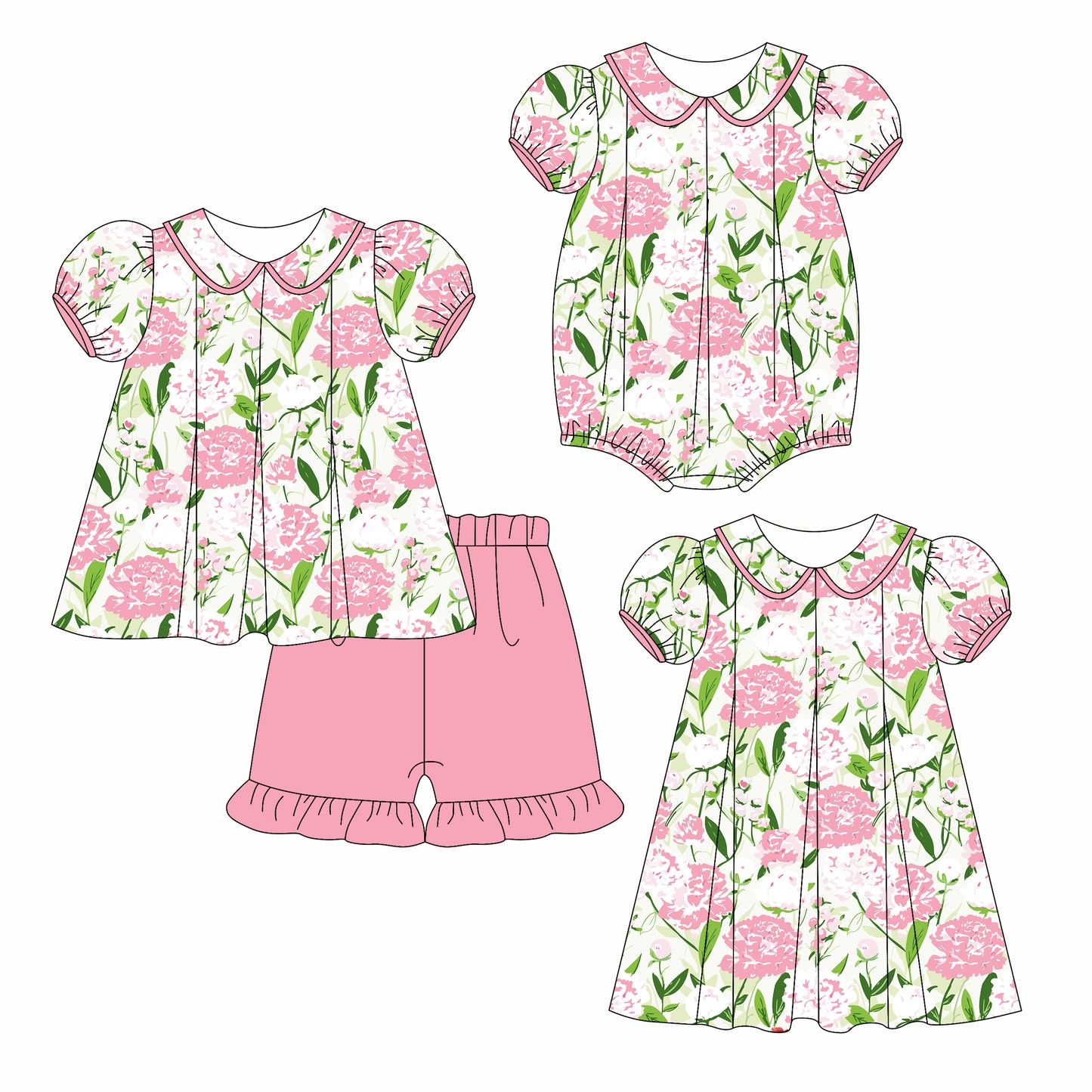 3.8 custom each style moq 5eta 4-6week Sibling Sisters baby girl short sleeve shorts sets and dress and rompers match family design