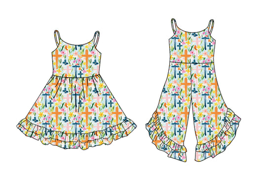 25.10.27 custom each style moq 5 eta 6-8week Sibling Sisters easter floral baby girl long sleeve dress and jumpsuit match family design