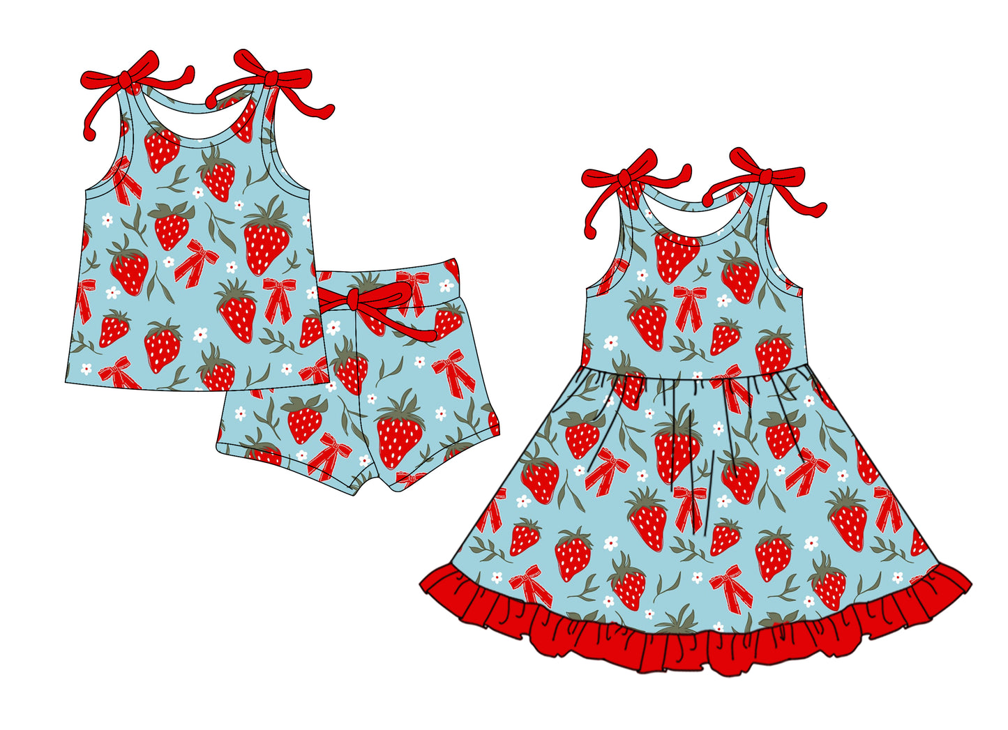 25.12.26 custom each style moq 5 eta 6-8week Sibling Sister strawberry bow baby short sleeve shorts sets and dress match design