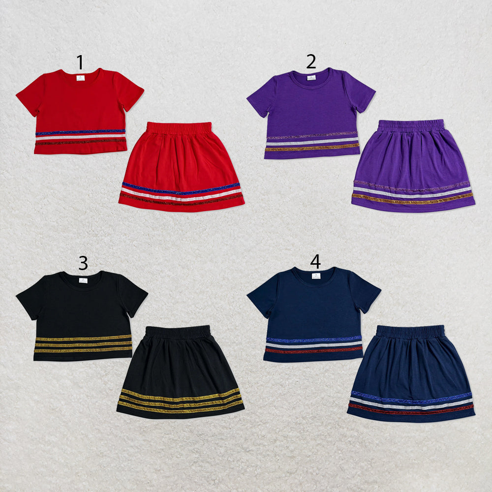 RTS NO MOQ Sibling cotton Baby Girls Solid Color Summer Stripe Short Sleeve Top Skort Team Outfits Daily Wear