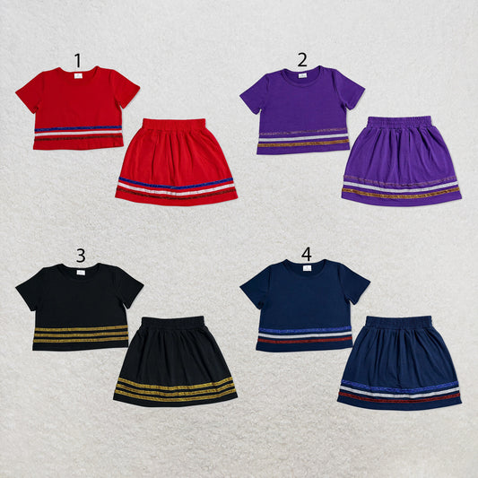 RTS NO MOQ Sibling cotton Baby Girls Solid Color Summer Stripe Short Sleeve Top Skort Team Outfits Daily Wear