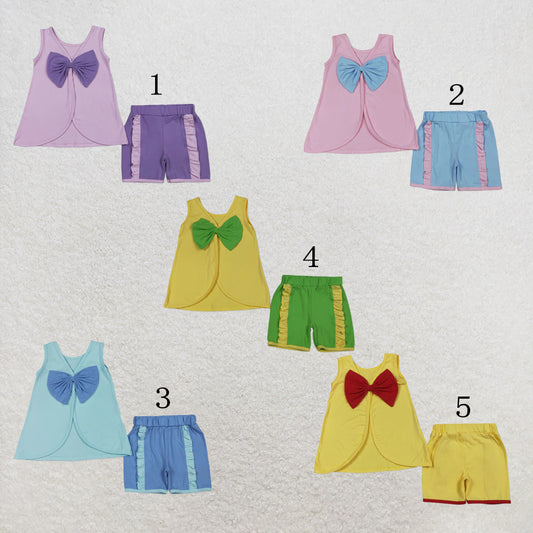 RTS NO MOQ milk silk Sibling Baby Girls Sleeveless Back Bows Tunic Ruffle Shorts Clothes Sets