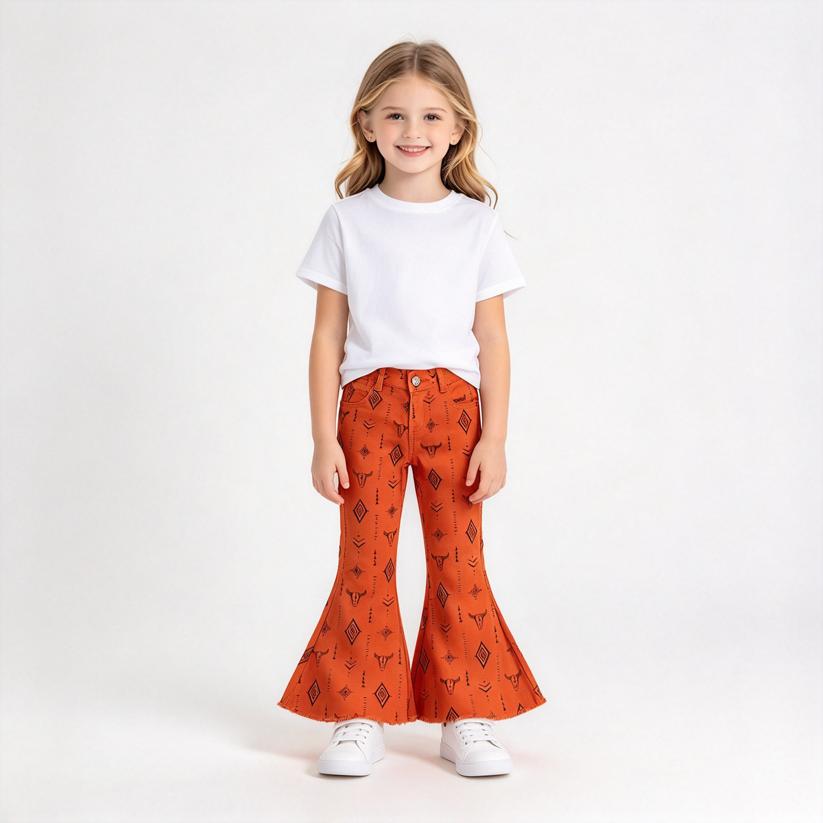 RTS NO MOQ Sibling Denim Baby Girls Western Casual Cowboy Print Bell Bottom Flare Pants
