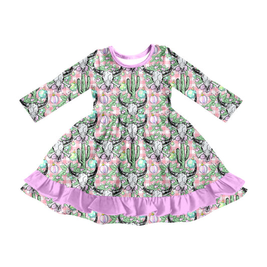 8.13 custom each style moq 5eta 4-6week baby girls clothes cow head catcus long sleeve purple dress