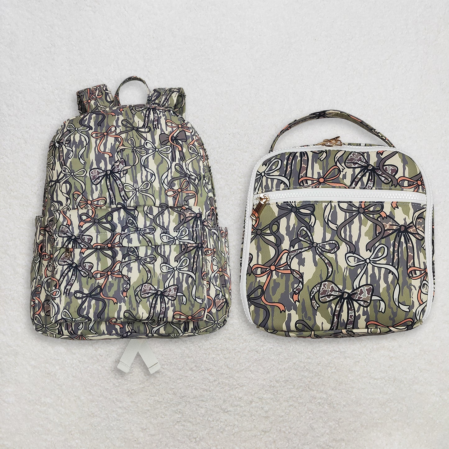 RTS NO MOQ Sibling milk silk Baby Kids Olive Camo Bows Backpacks Bags Boxes