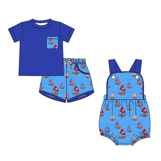 2.27  Custom moq 5 mix size Sibling Blue Baby Boys Romper Short-Sleeved Top And Shorts Set for Infants