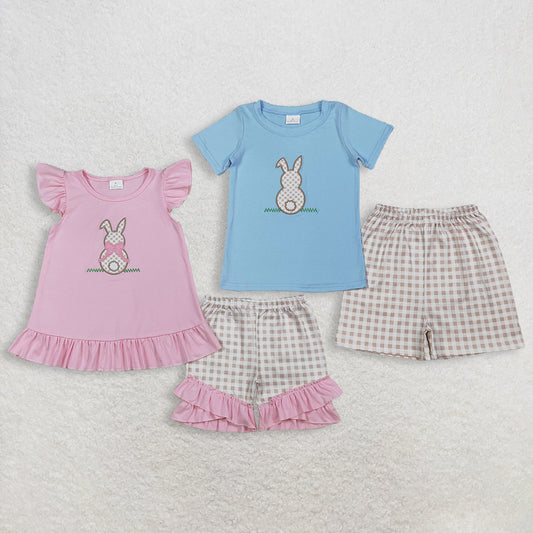 RTS NO MOQ Sibling Embroidery Rabbit Baby Girls Boys Top And Checked Shorts Set