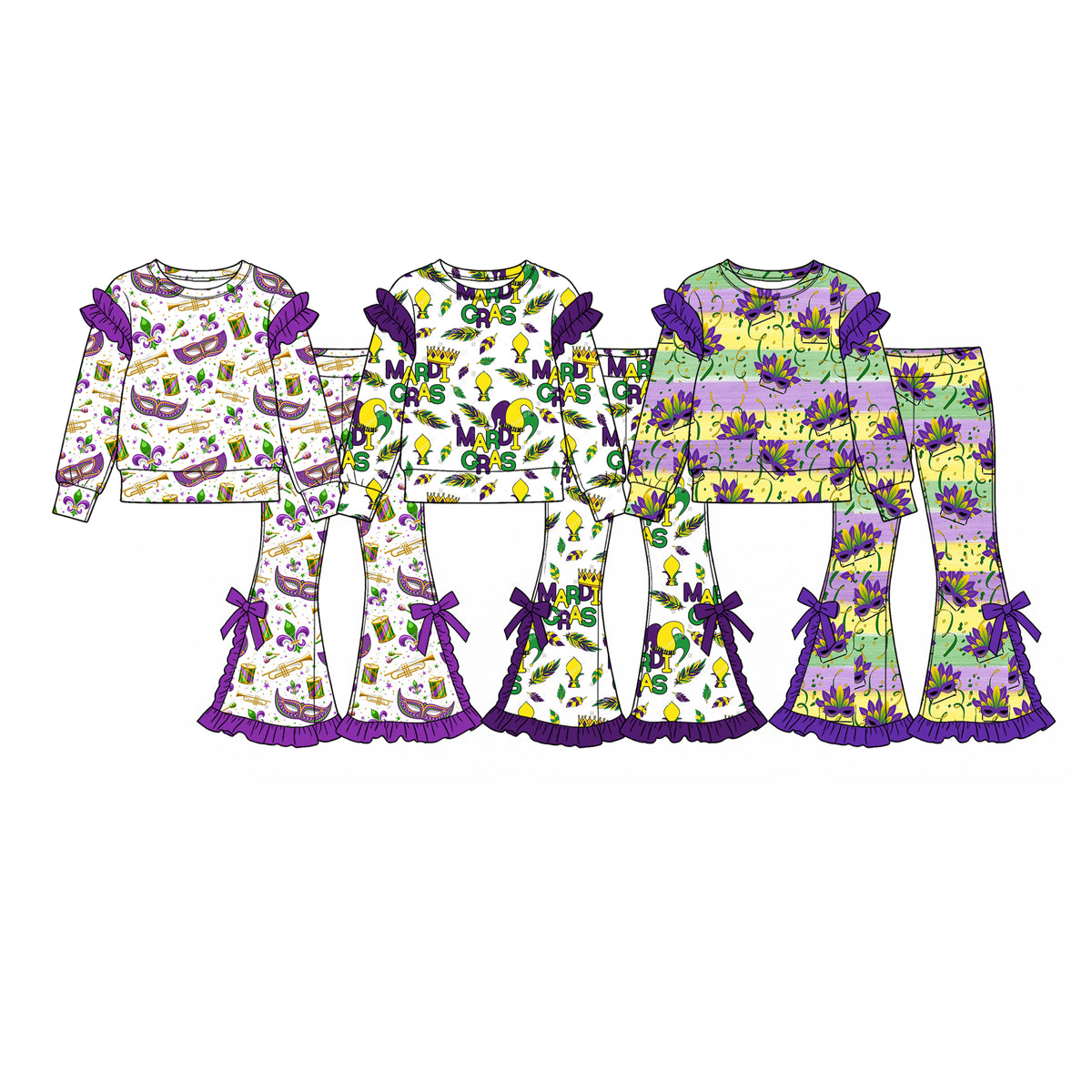 (Preorder new) No moq Toddler Girls Ruffle Long Sleeve Printed Sweatshirt And Flare Pant Set