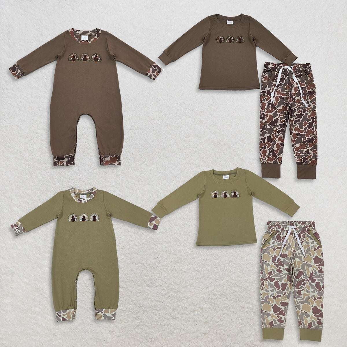 RTS NO MOQ Sibling milk silk Embroidery Baby Boys Thanksgiving Turkey Embroidery Romper And Long Sleeve Top Camo Jogger Pants Two Piece Set