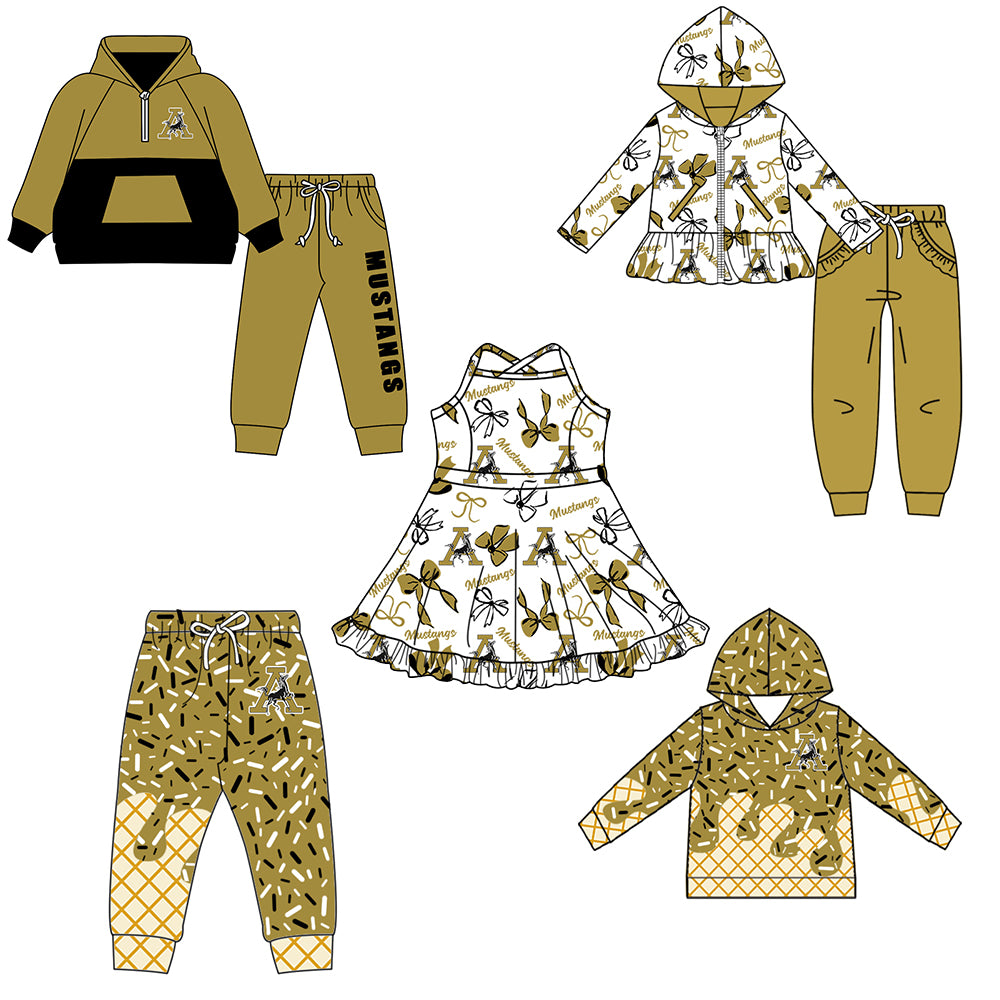 Custom moq 5 mix size milk silk summer teams baby girls clothes bow khaki hooded long sleeve pants sets and boy sets and dress and hooded top and pant-25.8.18