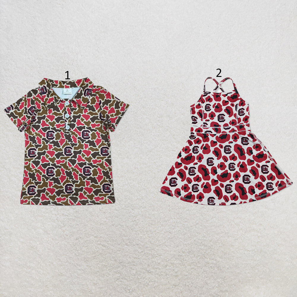 RTS NO MOQ Sibling milk silk Baby Girls And Boys Team Camo Printed Short Sleeve Button Polo Top Knee Length Dress