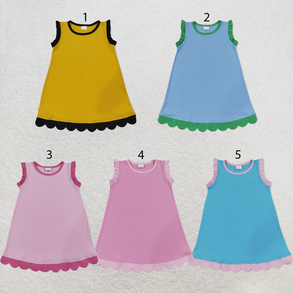 RTS NO MOQ Sibling cotton Baby Girls Solid Sleeveless Scallop Trim Knee Length Summer Dress