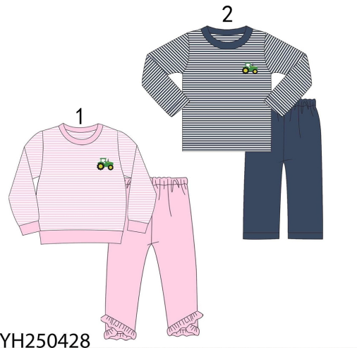 custom moq 5 mix size SYCN0102 Baby Kids Tractor Embroidery Stripe Long Sleeve Top And Pant Set