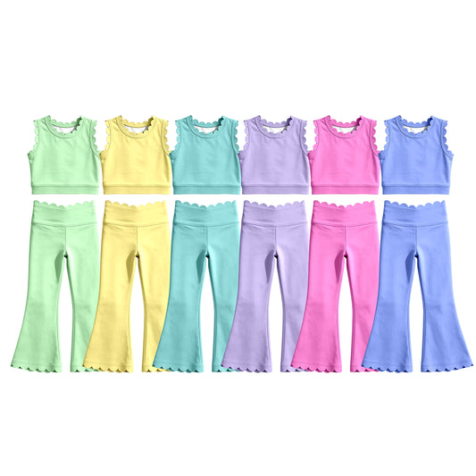 Custom moq 5 mix size Sibling Solid Color Sleeveless Yoga Outfit for Baby Girls Top And Pants Set
