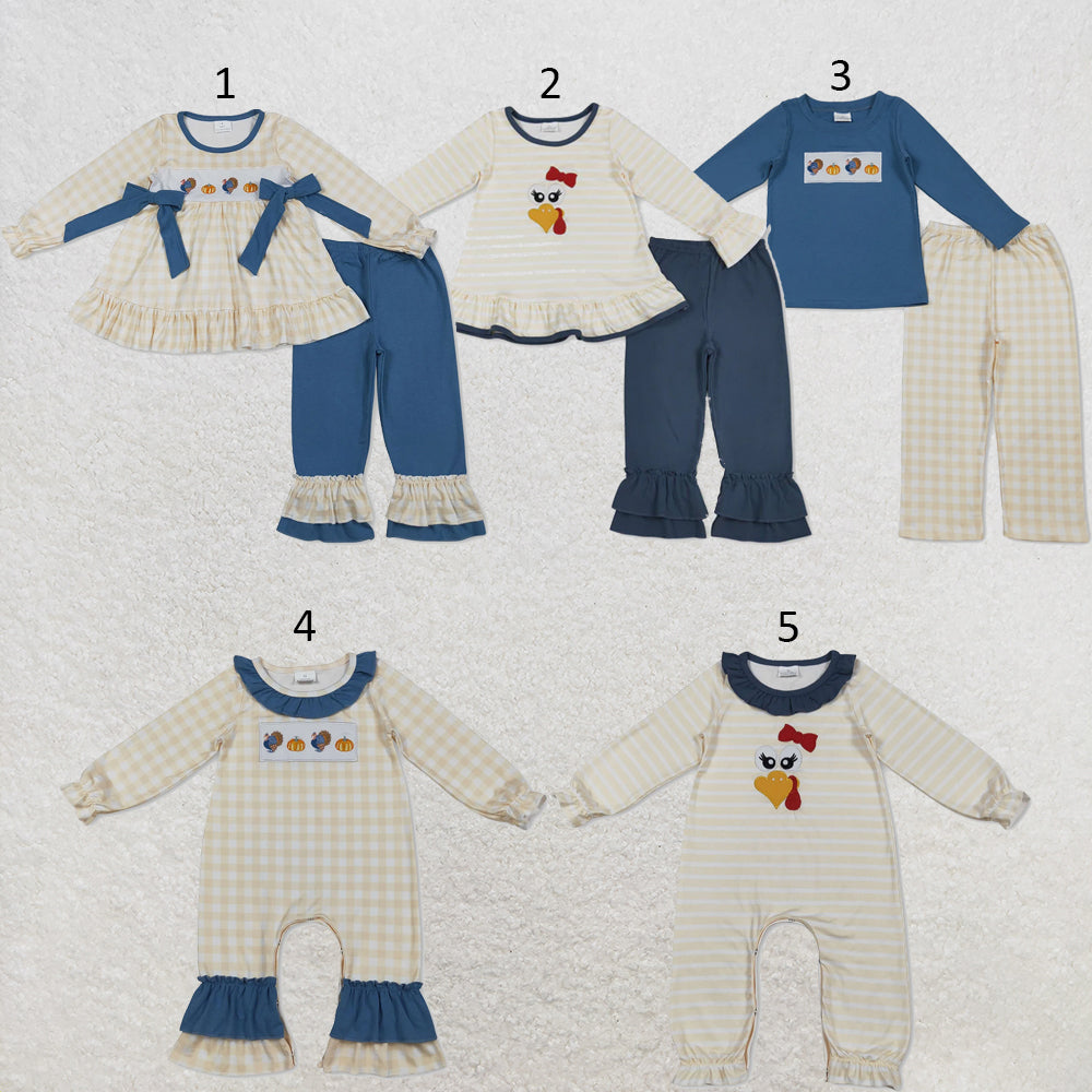 RTS NO MOQ Sibling milk silk Baby Girls And Boys Cute Embroidery Turkey And Pumpkins Plaid Pants Thanksgiving Clothes Set Rompers