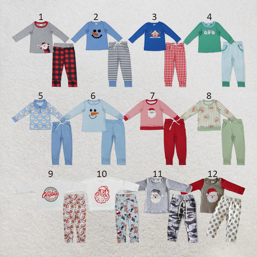RTS NO MOQ Sibling milk silk Baby Boys Cute Embroidery Santa Green Pocket Top Striped Leggings Christmas Clothes Sets