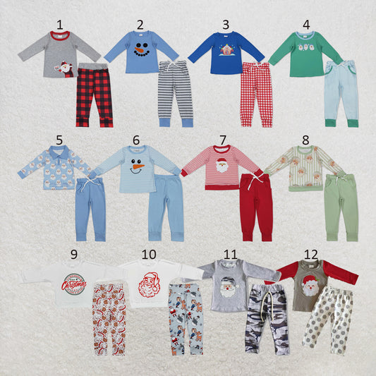 RTS NO MOQ Sibling milk silk Baby Boys Cute Embroidery Santa Green Pocket Top Striped Leggings Christmas Clothes Sets