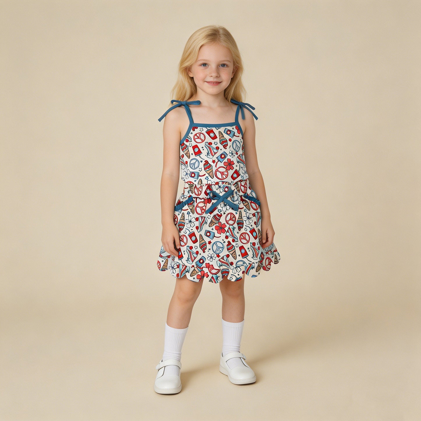 RTS NO MOQ milk silk GSD3827 Baby Girls Ice Cream Strap Top Scallop Pocket Skirt Shorts 4th of July Set