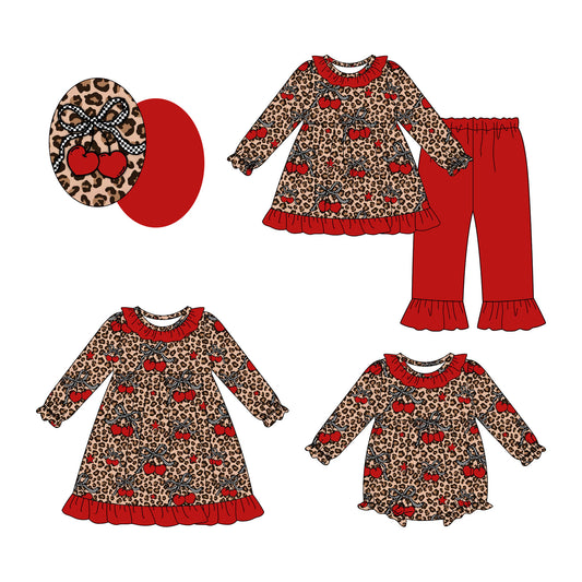 25.9.3 custom each style moq 5eta 4-6week Sibling Sisters love leopard bow baby girl long sleeve pants sets and dress and rompers match family design
