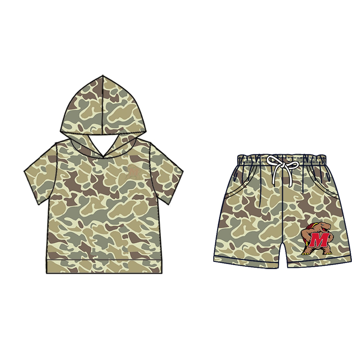 Custom moq 5 mix size milk silk summer teams Camo Hooded Short Sleeve Top Shorts Set Ice Cream Drips Red Hooded Top with Matching Shorts For Kids