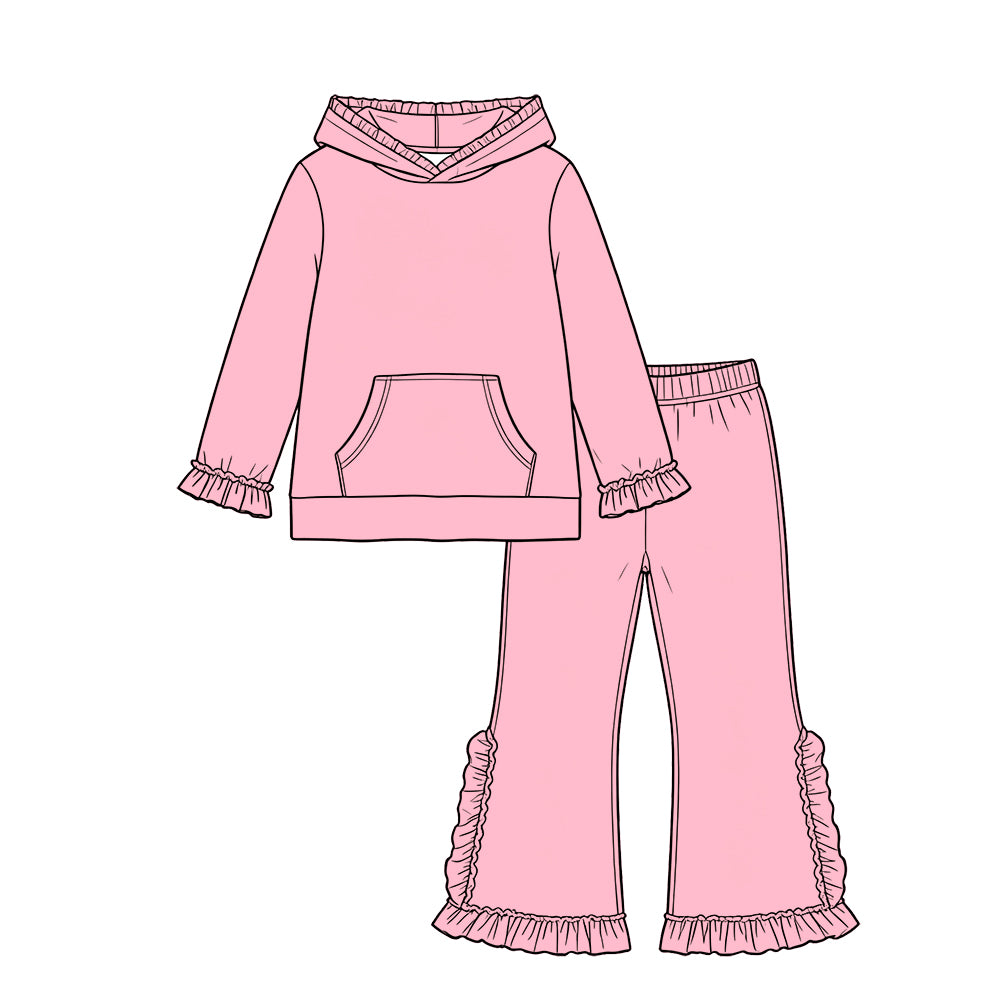 Custom moq 5 girls  Blank Cotton Fabric hooded long-sleeve top and pants set Pink hooded long-sleeve top and pants set with lace trim