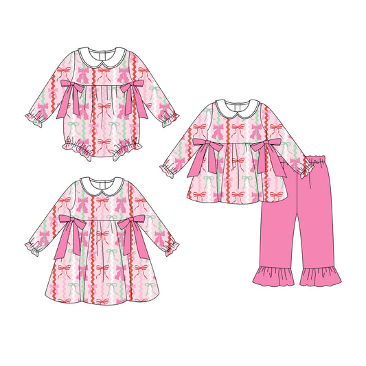 25.9.2 custom each style moq 5eta 4-6week Sibling Sisters bow pink baby girl long sleeve pants sets and dress and rompers match family design
