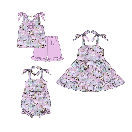 25.5.23 custom each style moq 5eta 4-6week Sibling Sisters duck purple baby girl short sleeve shorts sets and dress and rompers match family design