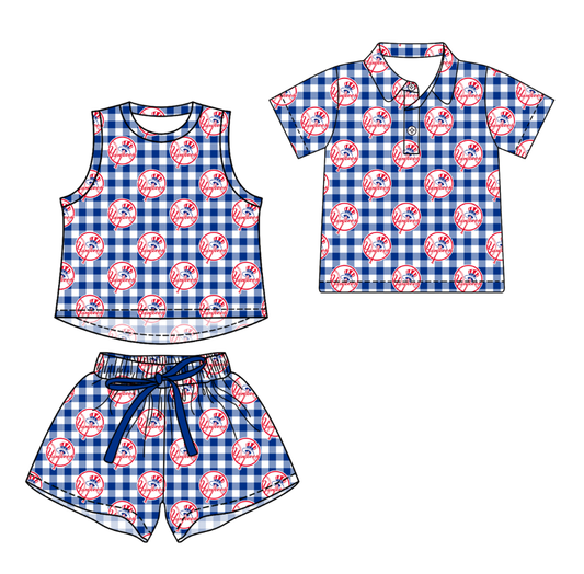 Custom moq 5 mix size milk silk summer teams Navy Blue Checked Girls Sleeveless Top And Short Sets Boys Short Sleeve Button Polo Shirt Top